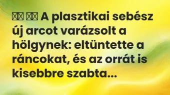 Viccek:
A plasztikai sebész új arcot varázsolt a hölgynek… Viccek:
A plasztikai sebész új arcot varázsolt a hölgynek…