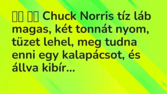 Viccek:
Chuck Norris tíz láb magas, két tonnát nyom,… Viccek:
Chuck Norris tíz láb magas, két tonnát nyom,…