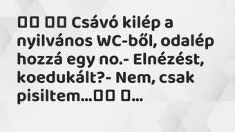 Viccek:
Csávó kilép a nyilvános WC-ből, odalép hozzá egy … Viccek:
Csávó kilép a nyilvános WC-ből, odalép hozzá egy …