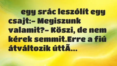 Viccek:
egy srác leszólít egy csajt:- Megiszunk… Viccek:
egy srác leszólít egy csajt:- Megiszunk…