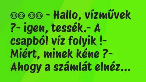 Viccek:
– Hallo, vízművek ?- igen, tessék.- A… Viccek:
– Hallo, vízművek ?- igen, tessék.- A…