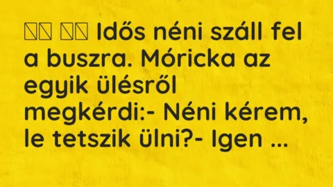 Viccek:
Idős néni száll fel a buszra. Móricka az egyik… Viccek:
Idős néni száll fel a buszra. Móricka az egyik…