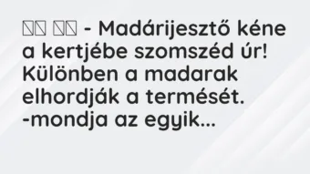 Viccek: 
		  
		  – Madárijesztő kéne a kertjébe szomszéd úr!…