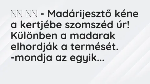 Viccek:
– Madárijesztő kéne a kertjébe szomszéd úr!… Viccek:
– Madárijesztő kéne a kertjébe szomszéd úr!…