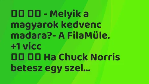 Viccek: 
		  
		  – Melyik a magyarok kedvenc madara?- A…