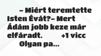 Viccek:
– Miért teremtette Isten Évát?- Mert Ádám… Viccek:
– Miért teremtette Isten Évát?- Mert Ádám…