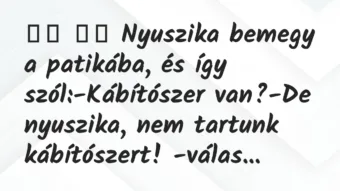 Viccek:
Nyuszika bemegy a patikába, és így… Viccek:
Nyuszika bemegy a patikába, és így…