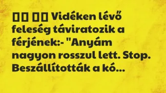 Viccek:
Vidéken lévő feleség táviratozik a férjének:-… Viccek:
Vidéken lévő feleség táviratozik a férjének:-…
