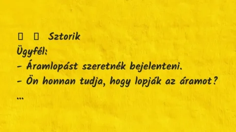 Vicces történet: 
	    	    Sztorik


Ügyfél:


– Áramlopást szeretnék…