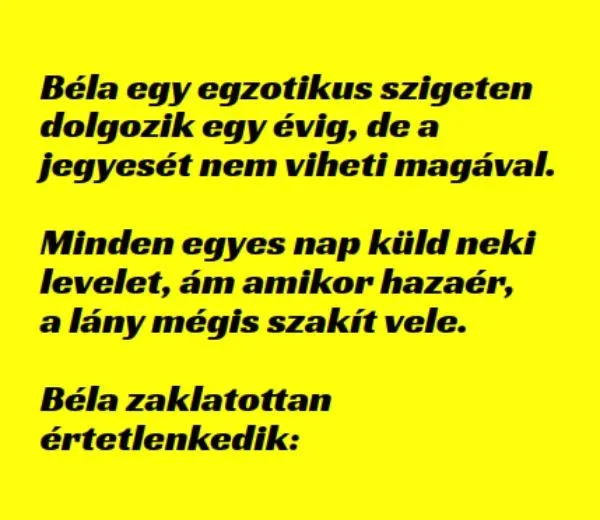 Vicc: Béla egy egzotikus szigeten dolgozik egy évig, de a Vicc: Béla egy egzotikus szigeten dolgozik egy évig, de a jegyesét nem…