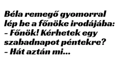 Vicc: Béla remegő gyomorral lép be a főnöke irodájába –