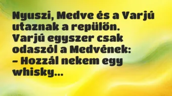 Nyuszi, Medve és a Varjú utaznak a repülőn. 

Varjú egyszer csak… – Vicc