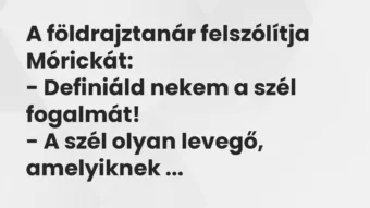 Vicc: A földrajztanár felszólítja Mórickát:

– Definiáld nekem a szél…