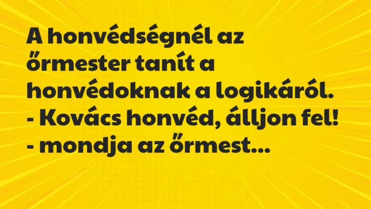 Vicc: A honvédségnél az őrmester tanít a honvédoknak a logikáról.
-… Vicc: A honvédségnél az őrmester tanít a honvédoknak a logikáról.
-…
