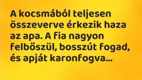 Vicc: A kocsmából teljesen összeverve érkezik haza az apa. A fia nagyon…