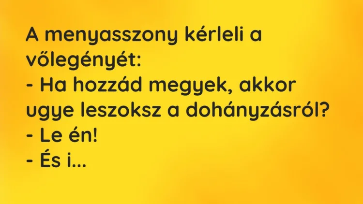 Vicc: A menyasszony kérleli a vőlegényét:
– Ha hozzád megyek, akkor… Vicc: A menyasszony kérleli a vőlegényét:
– Ha hozzád megyek, akkor…