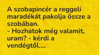 Vicc: A szobapincér a reggeli maradékát pakolja össze a szobában.

-…