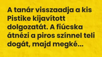 Vicc: A tanár visszaadja a kis Pistike kijavított dolgozatát. A fiúcska… Vicc: A tanár visszaadja a kis Pistike kijavított dolgozatát. A fiúcska…