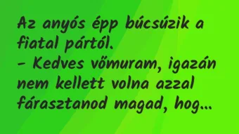 Vicc: Az anyós épp búcsúzik a fiatal pártól.
– Kedves vőmuram, igazán… Vicc: Az anyós épp búcsúzik a fiatal pártól.
– Kedves vőmuram, igazán…