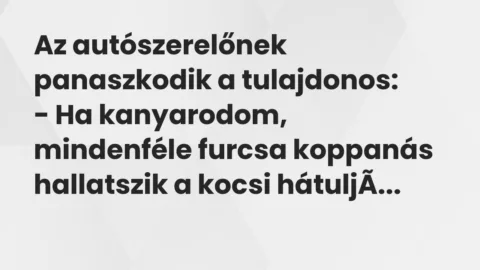 Vicc: Az autószerelőnek panaszkodik a tulajdonos:
– Ha kanyarodom,… Vicc: Az autószerelőnek panaszkodik a tulajdonos:
– Ha kanyarodom,…