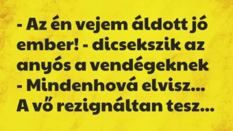 Vicc: – Az én vejem áldott jó ember! – dicsekszik az anyós a vendégeknek -…