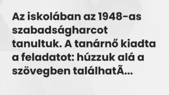 Vicc: Az iskolában az 1948-as szabadságharcot tanultuk. A tanárnő kiadta a… Vicc: Az iskolában az 1948-as szabadságharcot tanultuk. A tanárnő kiadta a…