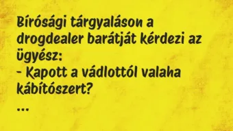 Vicc: Bírósági tárgyaláson a drogdealer barátját kérdezi az ügyész:
-… Vicc: Bírósági tárgyaláson a drogdealer barátját kérdezi az ügyész:
-…