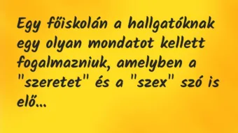 Vicc: Egy főiskolán a hallgatóknak egy olyan mondatot kellett fogalmazniuk,…