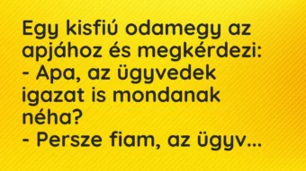 Vicc: Egy kisfiú odamegy az apjához és megkérdezi:
– Apa, az ügyvedek… Vicc: Egy kisfiú odamegy az apjához és megkérdezi:
– Apa, az ügyvedek…