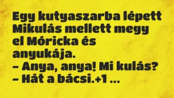 Vicc: Egy kutyaszarba lépett Mikulás mellett megy el Móricka és anyukája….