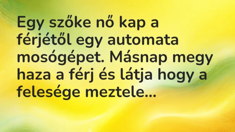 Vicc: Egy szőke nő kap a férjétől egy automata mosógépet. Másnap megy haza a… Vicc: Egy szőke nő kap a férjétől egy automata mosógépet. Másnap megy haza a…
