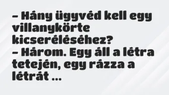 Vicc: – Hány ügyvéd kell egy villanykörte kicseréléséhez?

– Három. Egy…