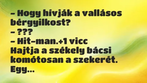 Vicc: – Hogy hívják a vallásos bérgyilkost?
– ???
– Hit-man. Vicc: – Hogy hívják a vallásos bérgyilkost?
– ???
– Hit-man.