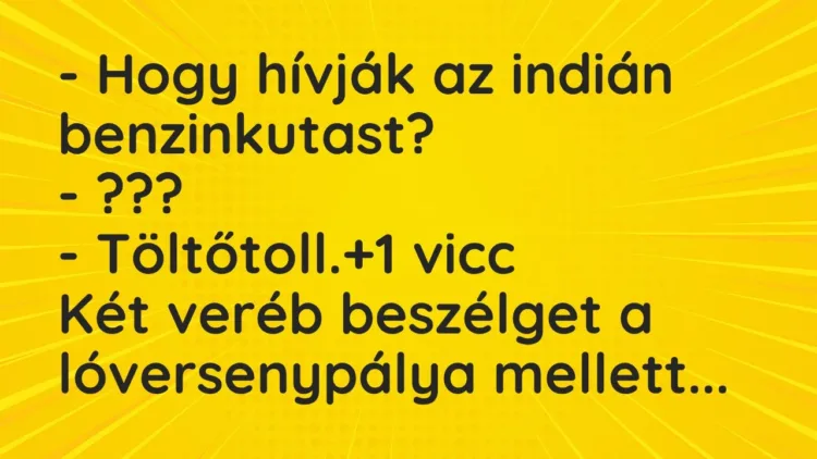 Vicc: – Hogy hívják az indián benzinkutast?
– ???
– Töltőtoll. Vicc: – Hogy hívják az indián benzinkutast?
– ???
– Töltőtoll.