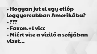 Vicc: – Hogyan jut el egy etióp leggyorsabban Amerikába?
– ???
-… Vicc: – Hogyan jut el egy etióp leggyorsabban Amerikába?
– ???
-…