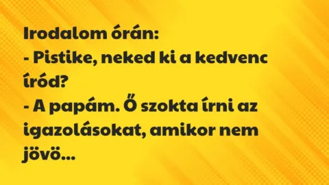 Vicc: Irodalom órán:

– Pistike, neked ki a kedvenc íród?

– A…