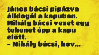 Vicc: János bácsi pipázva álldogál a kapuban. Mihály bácsi vezet egy tehenet…