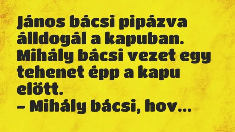 Vicc: János bácsi pipázva álldogál a kapuban. Mihály bácsi vezet egy tehenet… Vicc: János bácsi pipázva álldogál a kapuban. Mihály bácsi vezet egy tehenet…