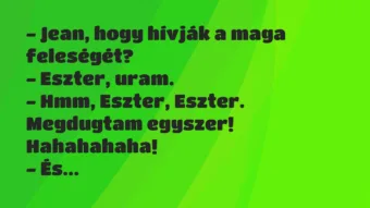 Vicc: – Jean, hogy hívják a maga feleségét?

– Eszter, uram.

– Hmm,…