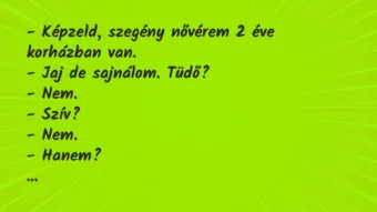 Vicc: – Képzeld, szegény nővérem 2 éve korházban van.

– Jaj de…
