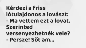 Vicc: Kérdezi a friss lótulajdonos a lovászt:
– Ma vettem ezt a lovat…. Vicc: Kérdezi a friss lótulajdonos a lovászt:
– Ma vettem ezt a lovat….