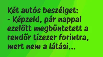 Vicc: Két autós beszélget:

– Képzeld, pár nappal ezelőtt megbüntetett a…