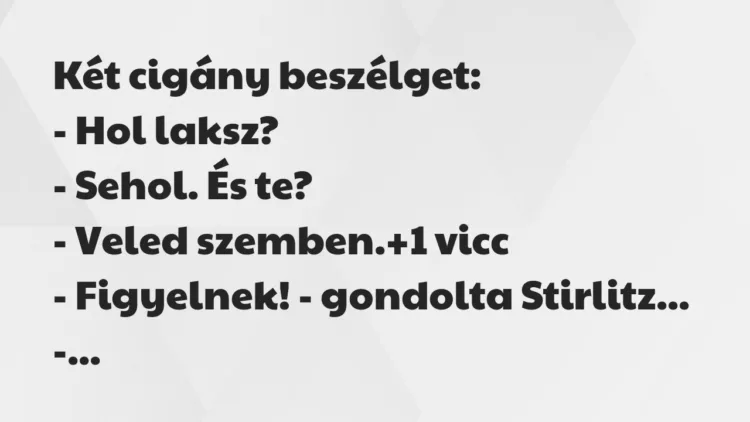 Vicc: Két cigány beszélget:
– Hol laksz?
– Sehol. És te?
-… Vicc: Két cigány beszélget:
– Hol laksz?
– Sehol. És te?
-…