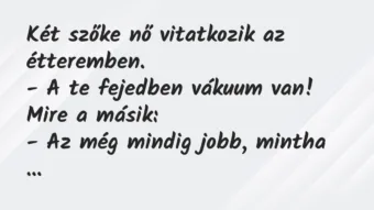 Vicc: Két szőke nő vitatkozik az étteremben.
– A te fejedben vákuum… Vicc: Két szőke nő vitatkozik az étteremben.
– A te fejedben vákuum…