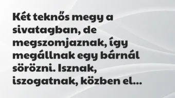 Vicc: Két teknős megy a sivatagban, de megszomjaznak, így megállnak egy… Vicc: Két teknős megy a sivatagban, de megszomjaznak, így megállnak egy…
