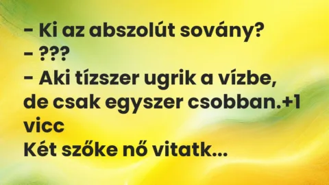 Vicc: – Ki az abszolút sovány?

– ???

– Aki tízszer ugrik a vízbe,…