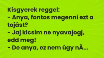 Vicc: Kisgyerek reggel:

– Anya, fontos megenni ezt a tojást?

– Jaj…