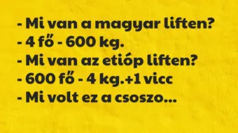 Vicc: – Mi van a magyar liften?

– 4 fő – 600 kg.

– Mi van az etióp…