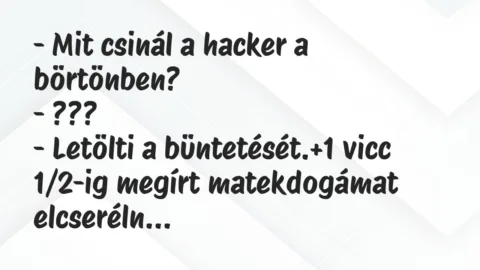 Vicc: – Mit csinál a hacker a börtönben?
– ???
– Letölti a… Vicc: – Mit csinál a hacker a börtönben?
– ???
– Letölti a…