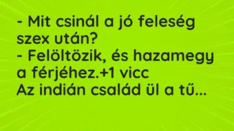 Vicc: – Mit csinál a jó feleség szex után?

– Felöltözik, és hazamegy a…